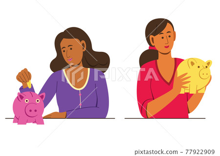 Two Women Save Money with Pig Money Saving Pot. Two Women Save Money with Pig Money Saving Pot. 77922909