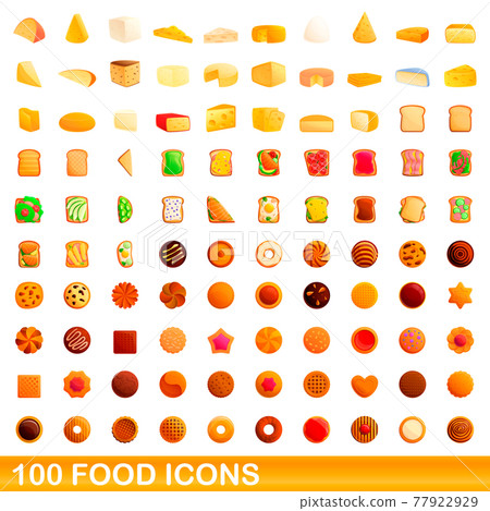 100 food icons set, cartoon style 77922929