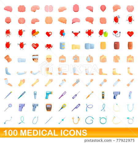 100 medical icons set, cartoon style 77922975