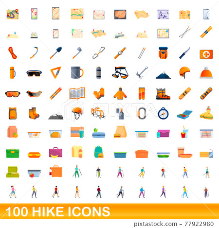100 hike icons set, cartoon style 100 hike icons set, cartoon style 77922980