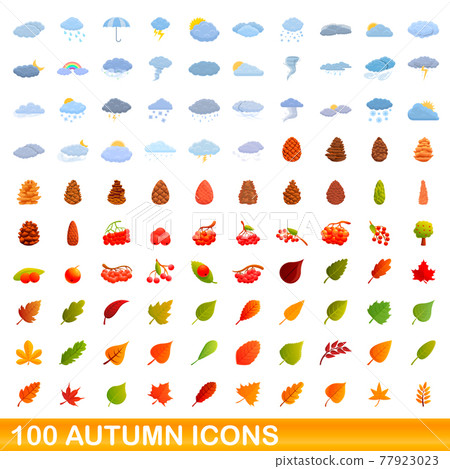 100 autumn icons set, cartoon style 100 autumn icons set, cartoon style 77923023