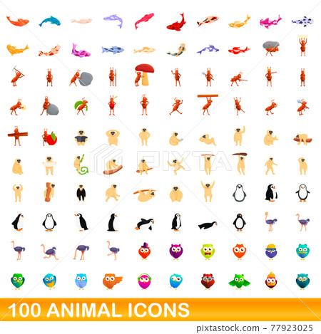 100 animal icons set, cartoon style 100 animal icons set, cartoon style 77923025