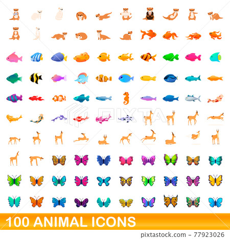 100 animal icons set, cartoon style 100 animal icons set, cartoon style 77923026