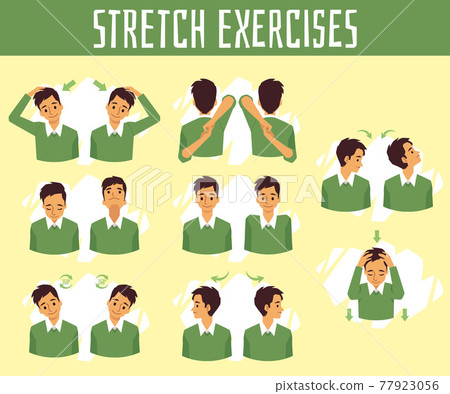 Exercises for health and stretch of neck for relief pain at office syndrome. Exercises for health and stretch of neck for relief pain at office syndrome. 77923056