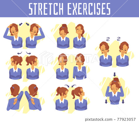 Vector banner with exercises for health and stretch of neck at office syndrome Vector banner with exercises for health and stretch of neck at office syndrome 77923057