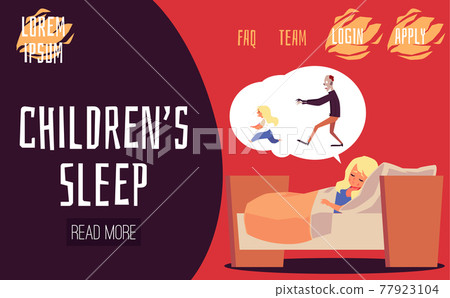 Childrens sleep website with child has nightmare, flat vector illustration. Childrens sleep website with child has nightmare, flat vector illustration. 77923104