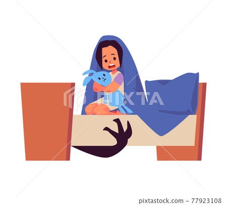 Child in bed afraid of imaginary monsters flat vector illustration isolated. Child in bed afraid of imaginary monsters flat vector illustration isolated. 77923108