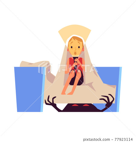 Scared child afraid of imaginary monster, flat vector illustration isolated. Scared child afraid of imaginary monster, flat vector illustration isolated. 77923114