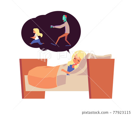 Little girl has bad scary dream or nightmare, flat vector illustration isolated. 77923115
