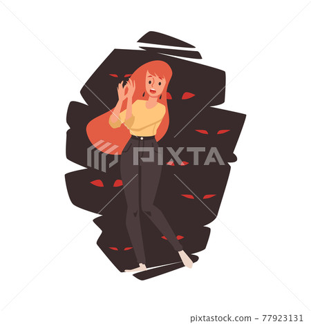 Scared young woman with expression fear and panic on face a vector illustration. Scared young woman with expression fear and panic on face a vector illustration. 77923131