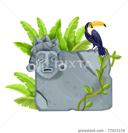 Stone sign board, vector cartoon game rock design element, cracked granite tablet, toucan 77923158