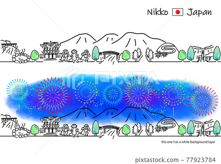 Simple line drawing set of Nikko cityscape and fireworks Simple line drawing set of Nikko cityscape and fireworks 77923784