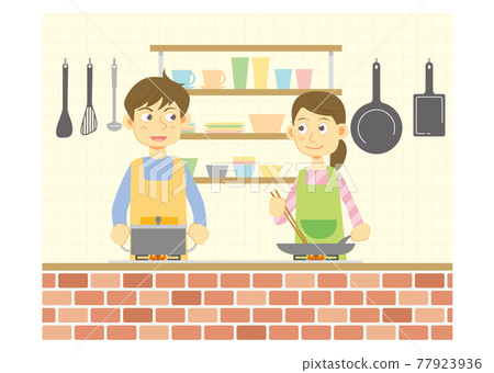 在有背景的廚房裡做飯的男人和女人 在有背景的廚房裡做飯的男人和女人 77923936