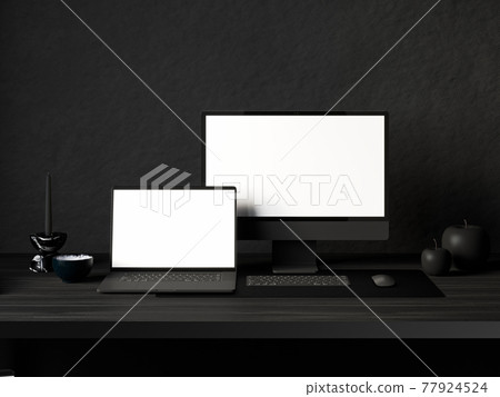 Workspace computer, monitor, notebook on dark interior. 3d render illustration mock up. Workspace computer, monitor, notebook on dark interior. 3d render illustration mock up. 77924524