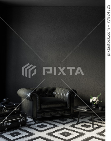 Black interior with leather armchair, coffee table and decor. 3d render illustration mockup. Black interior with leather armchair, coffee table and decor. 3d render illustration mockup. 77924525
