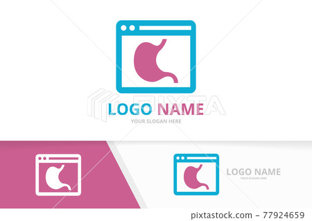 Vector stomach and browser logo combination. Unique gastrointestinal tract and web page logotype design template. 77924659