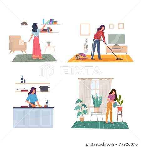 Domestic women affairs. Young adult girl cleans house, wipes dust, vacuums carpet, prepares food and water flowers. Female character in room interior, housekeeping activity vector concept Domestic women affairs. Young adult girl cleans house, wipes dust, vacuums carpet, prepares food and water flowers. Female character in room interior, housekeeping activity vector concept 77926070
