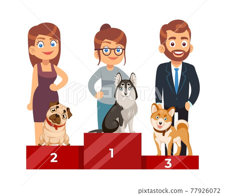 Dog Show. People with purebred pets, cute domestic puppy on pedestal standing, award ceremony, first second and third place, winner exhibition, dogs competition, vector isolated concept 77926072