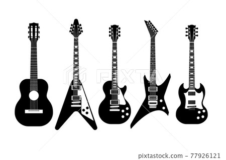 Guitars black and white. Electric and acoustic guitar various forms, outline musical instrument, classic and rock music objects, modern and vintage elements, silhouette vector isolated set 77926121