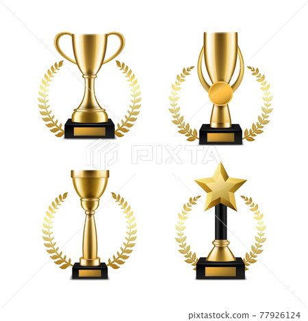 Golden cup trophy with laurel. Sports music or other competitions winner awards, realistic victory goblet with wreath frame. Congratulations ceremony, symbol of leadership and success, vector set Golden cup trophy with laurel. Sports music or other competitions winner awards, realistic victory goblet with wreath frame. Congratulations ceremony, symbol of leadership and success, vector set 77926124