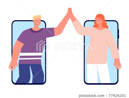 High five online. Greeting gestures, chat friends clapping hands remote. Distance relationship or friendship in messenger utter vector concept High five online. Greeting gestures, chat friends clapping hands remote. Distance relationship or friendship in messenger utter vector concept 77926201