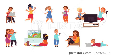 Children with gadgets. Teen phone addiction, girl kids using smartphone. Young person in internet, watch tv or social network decent vector set 77926202