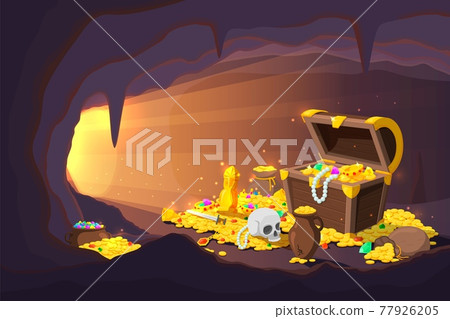 Treasure cave. Fantasy game location, cartoon mine with old gold coins in wooden chest. Ancient magical pirate cache recent vector illustration Treasure cave. Fantasy game location, cartoon mine with old gold coins in wooden chest. Ancient magical pirate cache recent vector illustration 77926205