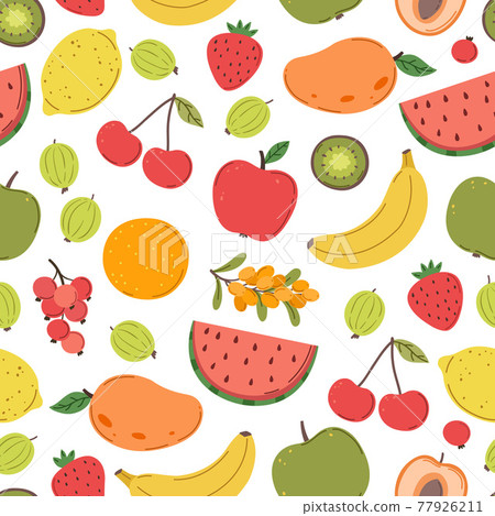 Juicy fruits pattern. Bright fruit texture, berries mix print. Fresh trendy vitamin background, summer tropical food exact vector seamless backdrop 77926211