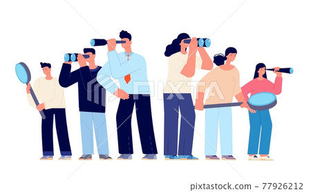 Business people looking success. Corporate person search challenge, man woman with telescope binoculars. Find idea or dream utter vector concept 77926212