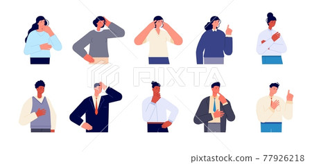 Thoughtful characters. Serious caucasian male, woman thinking portrait. Business person with seriously face, smart think or idea utter vector set 77926218