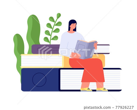 Reading book concept. Girl holding books,... - Stock Illustration ...