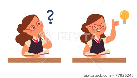 Student girl thinking. Young child question, stupid kid think and inspire thought. New idea or understand, find solution with book decent vector concept 77926245