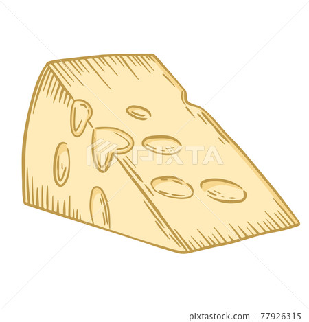 A piece of Maasdam cheese. Vector. Cheese with holes. Rectangular piece, part of a cheese head. A piece of Maasdam cheese. Vector. Cheese with holes. Rectangular piece, part of a cheese head. 77926315