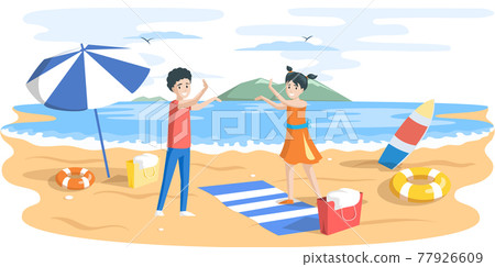 Children are playing with each other on sandy summer beach. Boy with girl walking on coastline Children are playing with each other on sandy summer beach. Boy with girl walking on coastline 77926609