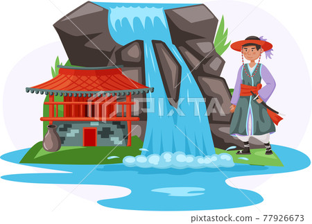 Asian temple in traditional style with man dressed in national clothes standing next to waterfall 77926673