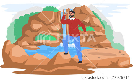 Man taking photo stands next to Waterfall in mountaines natural landscape in park on Jeju island Man taking photo stands next to Waterfall in mountaines natural landscape in park on Jeju island 77926715