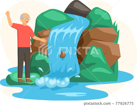 Man stands next to rock and waterfall. Clean nature concept water falling down from mountain Man stands next to rock and waterfall. Clean nature concept water falling down from mountain 77926775