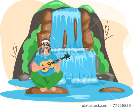 Man sitting on big stone playing guitar next to rock and waterfall, resting on nature landscape Man sitting on big stone playing guitar next to rock and waterfall, resting on nature landscape 77926829