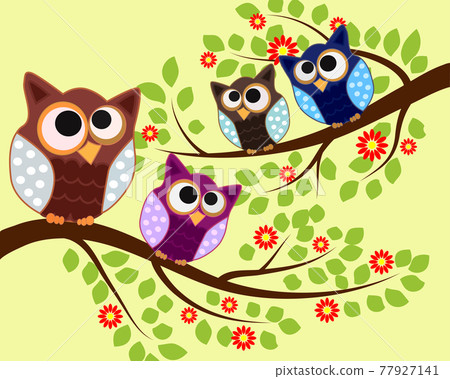 Bright cute cartoon owls sit on the flowering branches of trees 77927141