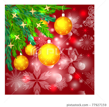 A square red christmas background with snowflakes, coniferous branches, decorated with balls, stars, ribbons. 77927159
