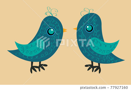 Two cute blue birds with a pattern on the body, a yellow beak and a blue eye Two cute blue birds with a pattern on the body, a yellow beak and a blue eye 77927160