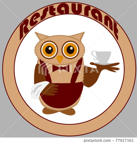 Owl-waiter in claret and butterfly, with a cup of steaming coffee, tea Owl-waiter in claret and butterfly, with a cup of steaming coffee, tea 77927161
