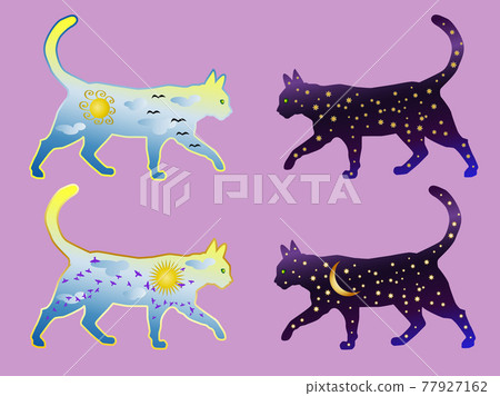 Cat silhouette painted with day sky, with clouds, sun, birds and cat silhouette painted with night sky with stars, moon Cat silhouette painted with day sky, with clouds, sun, birds and cat silhouette painted with night sky with stars, moon 77927162