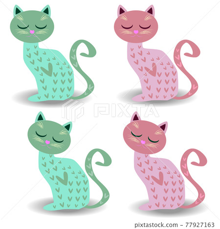 Set of four cute cats in pastel colors with hearts. Drawing for cups, decorations, postcards Set of four cute cats in pastel colors with hearts. Drawing for cups, decorations, postcards 77927163