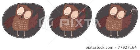 The owl is holding a cup of hot coffee. Imitation of stripe, fabric and stitching, seam The owl is holding a cup of hot coffee. Imitation of stripe, fabric and stitching, seam 77927164
