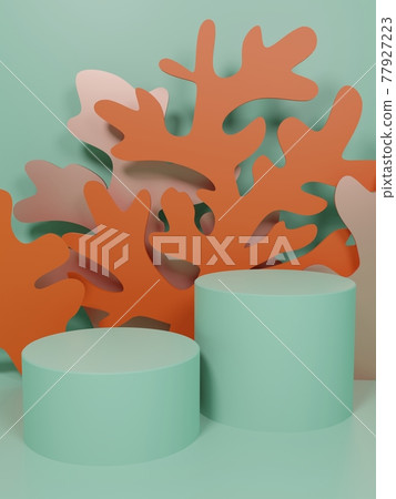 3D Rendering Underwater Theme Paper Cut Coral and Seaweed Product Display Background for Skincare, Health and Medical Products. Pink, Mint and Orange Colors. 77927223