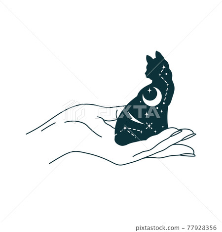 Mystical celestial cat. Outline witchy pet. Isolated kitty with astronomy signs. Witchcraft t shirt print. Magical drawing Mystical celestial cat. Outline witchy pet. Isolated kitty with astronomy signs. Witchcraft t shirt print. Magical drawing 77928356