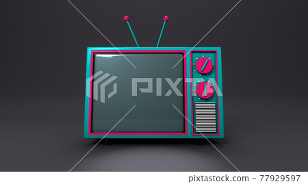 3D rendering, Realistic mock up of colorful retro cartoon television with empty space, close up on front side view, dark room background. 3D rendering, Realistic mock up of colorful retro cartoon television with empty space, close up on front side view, dark room background. 77929597
