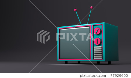 3D rendering, Realistic mock up of colorful retro cartoon television with empty space, close up on side view shot, darkness room background. 3D rendering, Realistic mock up of colorful retro cartoon television with empty space, close up on side view shot, darkness room background. 77929600