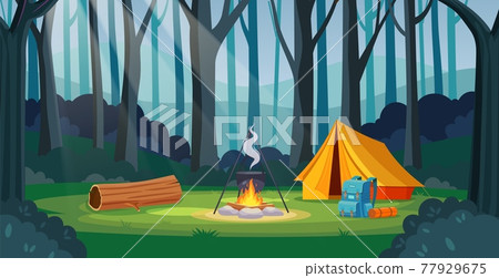 Summer camp in forest with bonfire, tent, backpack Summer camp in forest with bonfire, tent, backpack 77929675